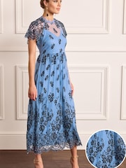 Blue/Black Floral Lace High Neck Short Sleeve Midi Dress - Image 1 of 5