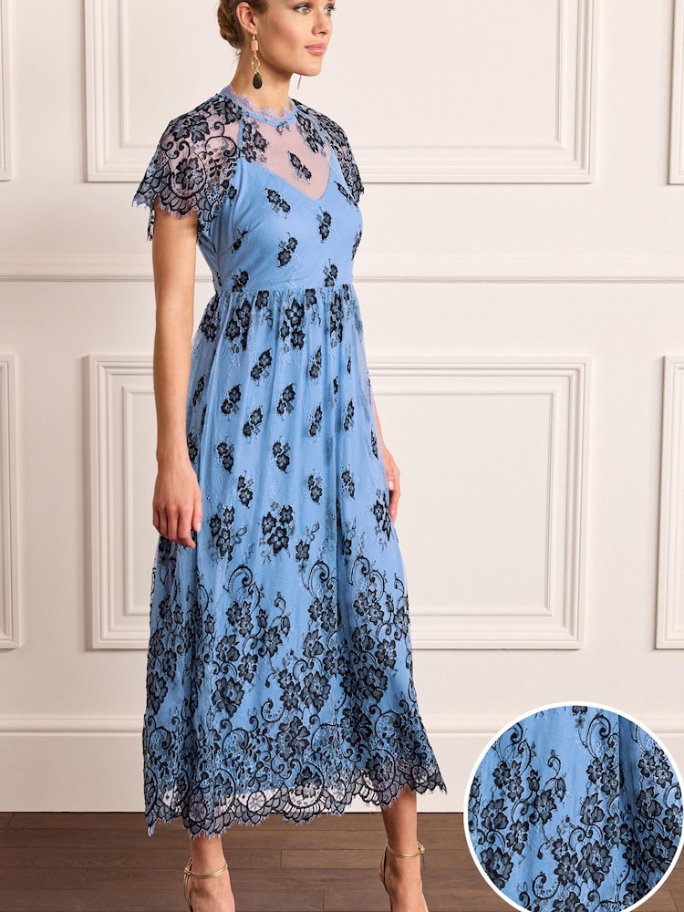 Blue/Black Floral Lace High Neck Short Sleeve Midi Dress - Image 1 of 5