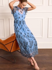 Blue/Black Floral Lace High Neck Short Sleeve Midi Dress - Image 2 of 5
