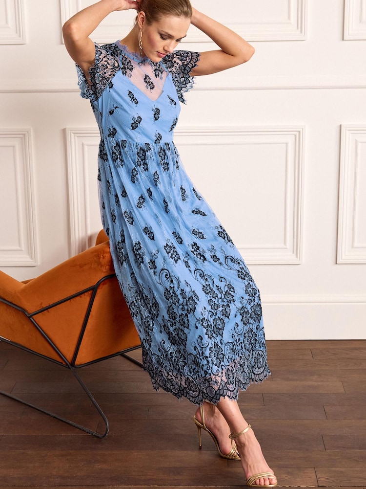 Blue/Black Floral Lace High Neck Short Sleeve Midi Dress - Image 2 of 5