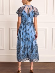 Blue/Black Floral Lace High Neck Short Sleeve Midi Dress - Image 3 of 5