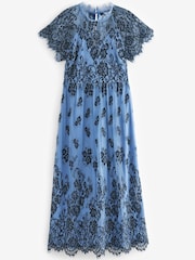 Blue/Black Floral Lace High Neck Short Sleeve Midi Dress - Image 5 of 5