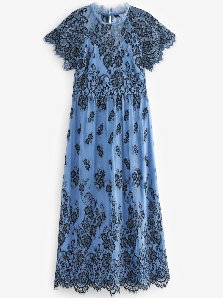 Blue/Black Floral Lace High Neck Short Sleeve Midi Dress - Image 5 of 5