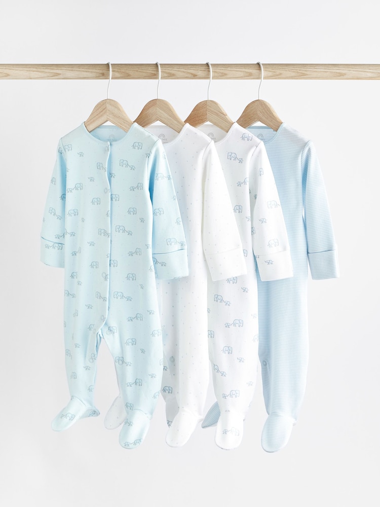 Pale Blue 4 Pack Elephant Baby Sleepsuits (0-2yrs) - Image 1 of 13