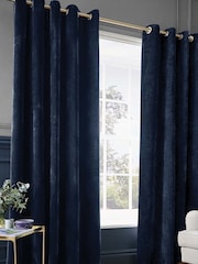 Hyperion Deep Navy Blue Selene Luxury Chenille Weighted Thermal Lined Eyelet Curtains - Image 2 of 4