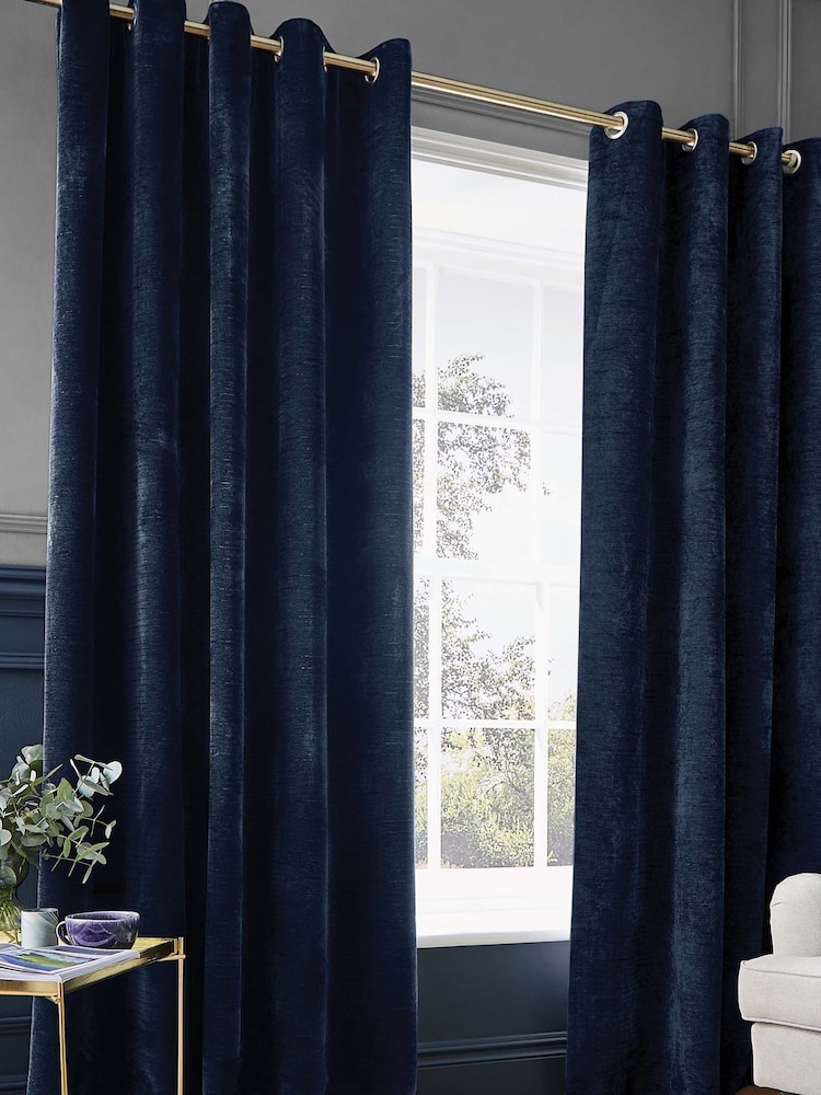 Hyperion Deep Navy Blue Selene Luxury Chenille Weighted Thermal Lined Eyelet Curtains - Image 2 of 4