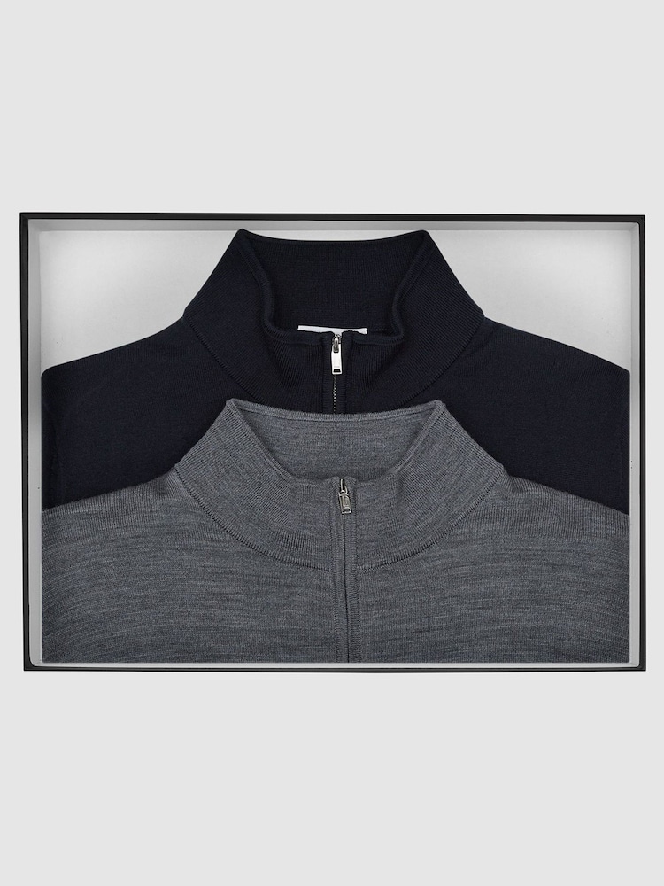 Reiss Blue Blackhall Merino Wool Zip Neck Jumpers 2 Pack - Image 1 of 7