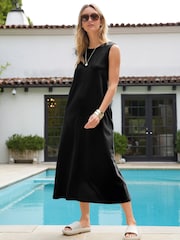 Black Sleeveless Cotton Jersey Midi Summer Dress - Image 1 of 6