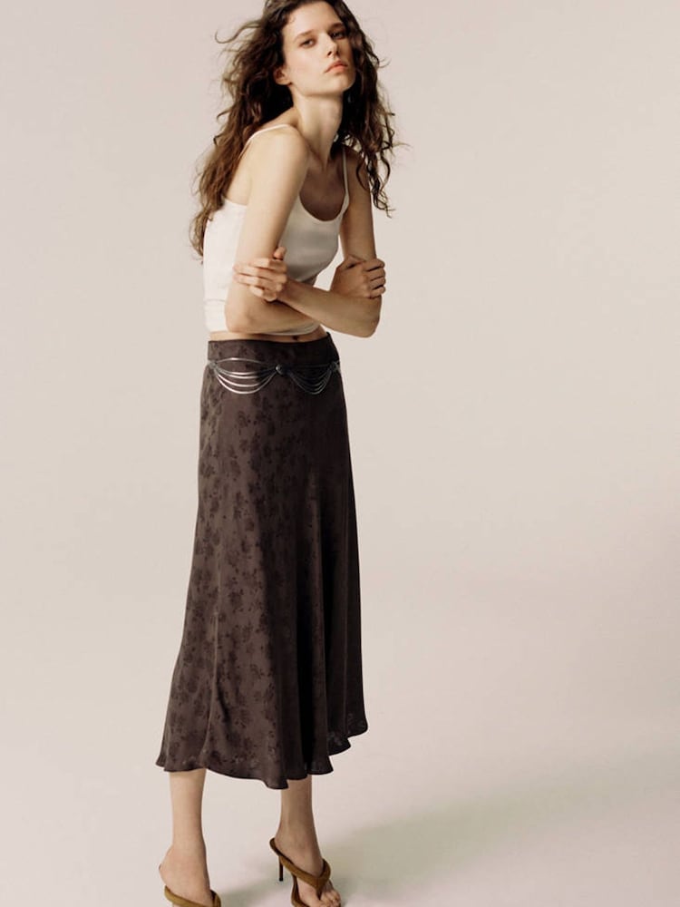 Mango Brown Floral Printed Midi Skirt - Image 1 of 6