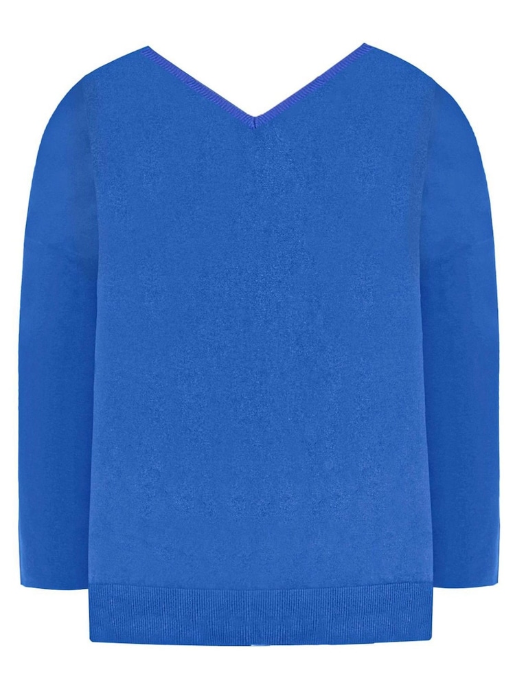 Live Unlimited Blue Relaxed V-Neck Knitted Jumper - Image 5 of 5