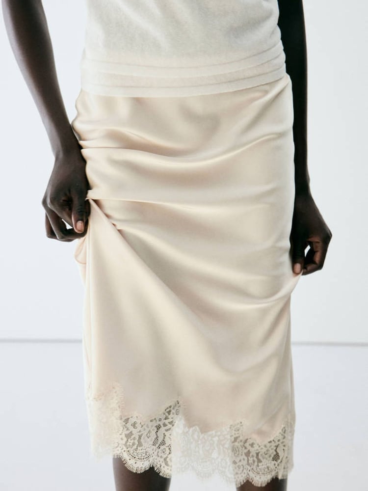 Mango Cream Lace Trim Midi Skirt - Image 1 of 7