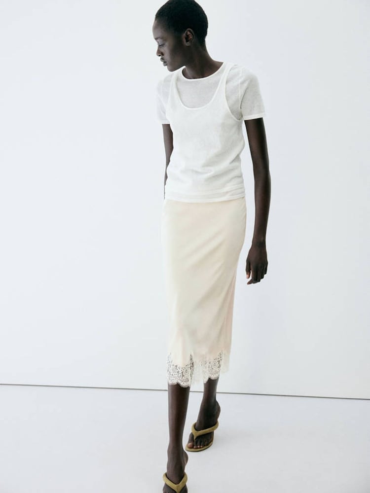 Mango Cream Lace Trim Midi Skirt - Image 2 of 7