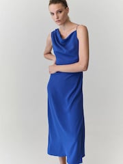 Mango Blue Asymmetric Shoulder Cinched Waist Midi Dress - Image 1 of 7
