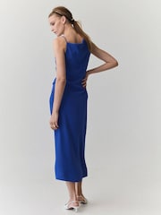 Mango Blue Asymmetric Shoulder Cinched Waist Midi Dress - Image 2 of 7