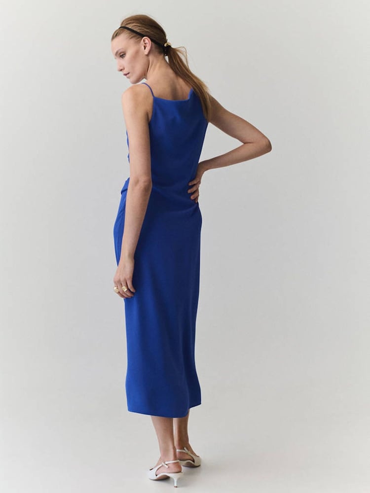 Mango Blue Asymmetric Shoulder Cinched Waist Midi Dress - Image 2 of 7 Mango Blue Asymmetric Shoulder Cinched Waist Midi Dress - Image 2 of 7