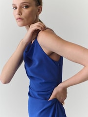 Mango Blue Asymmetric Shoulder Cinched Waist Midi Dress - Image 3 of 7