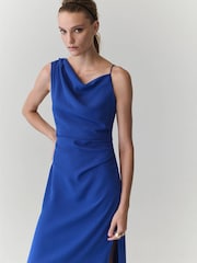 Mango Blue Asymmetric Shoulder Cinched Waist Midi Dress - Image 4 of 7