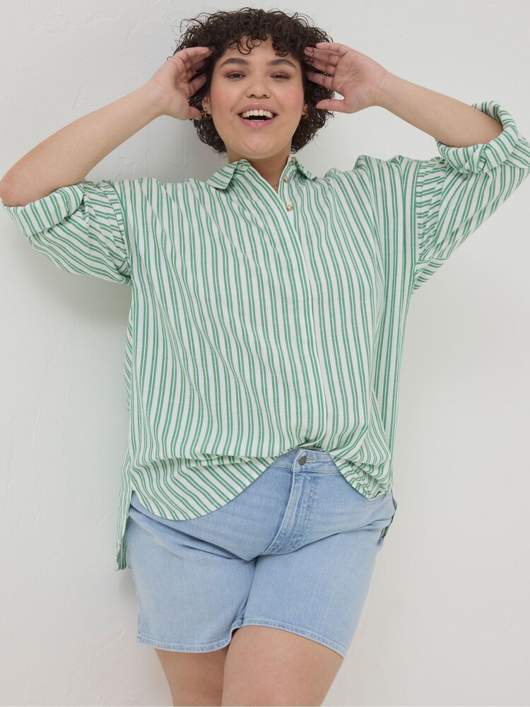 FatFace Green Billie Stripe Longline Shirt - Image 1 of 7
