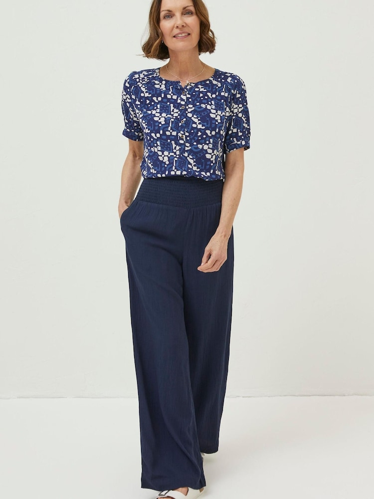 FatFace Blue Shirred Plain Palazzo Trousers - Image 1 of 3
