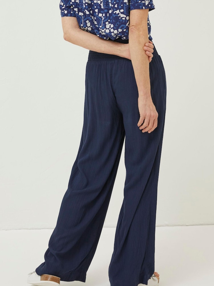 FatFace Blue Shirred Plain Palazzo Trousers - Image 2 of 3