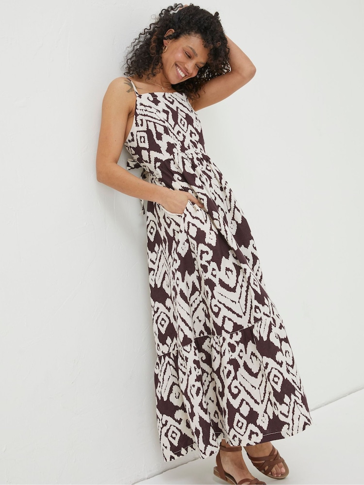 FatFace Brown Ikat Julien Linen Midi Dress - Image 1 of 7