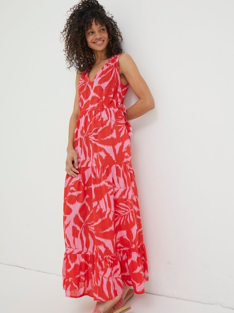 FatFace Red Avery Ikat Leaves Midi Dress - Image 1 of 7