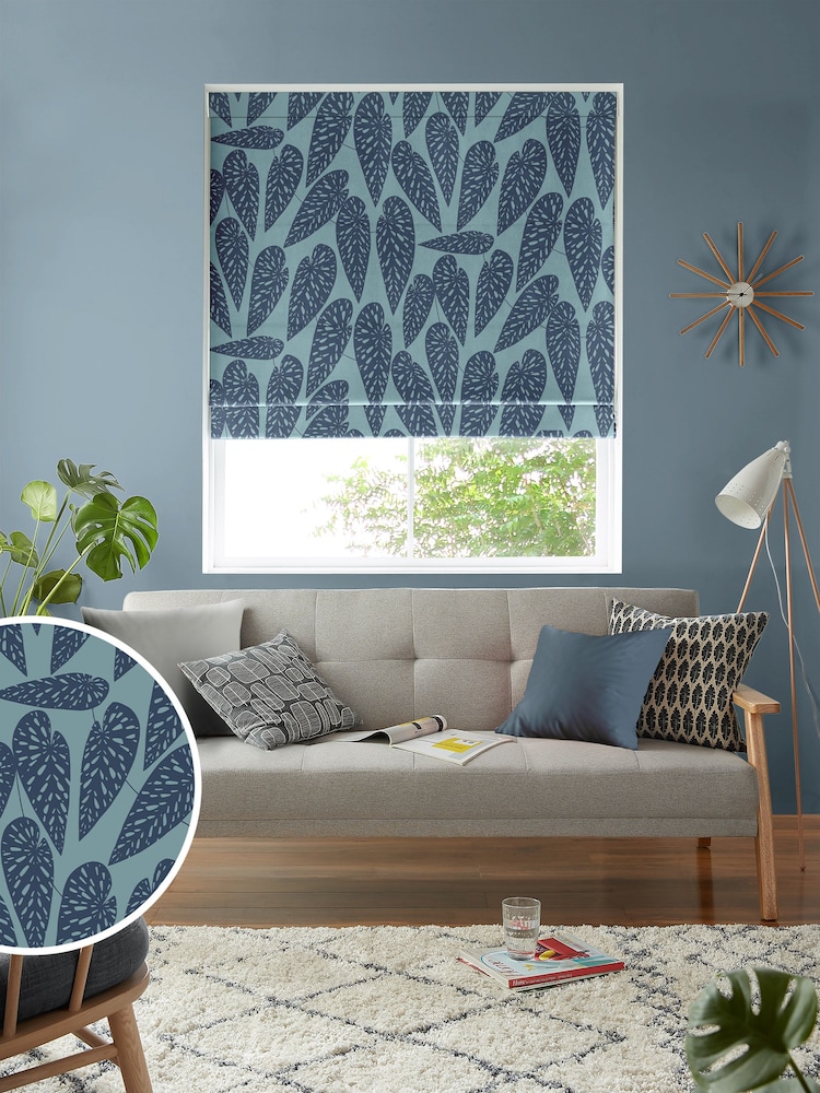 MissPrint Blue Leaf Tropics Made to Measure 100% Cotton Roman Blind - Image 1 of 6