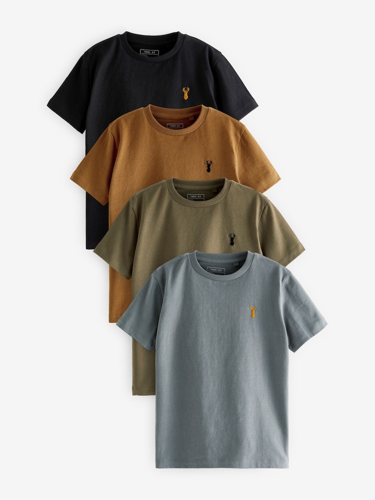 Grey/Black/Khaki Green/Tan Brown Short Sleeve Stag Embroidered T-Shirts 4 Pack (3-16yrs) - Image 1 of 1