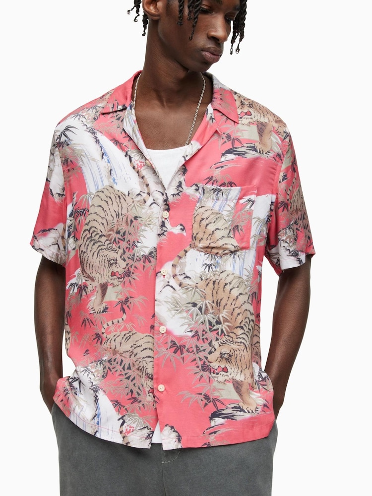 AllSaints Pink Sumerian Short Sleeve Shirt - Image 1 of 6 AllSaints Pink Sumerian Short Sleeve Shirt - Image 1 of 6