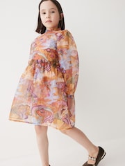 Amber Orange Long Sleeve Organza Mesh Dress (3-16yrs) - Image 1 of 7