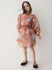 Amber Orange Long Sleeve Organza Mesh Dress (3-16yrs) - Image 2 of 7