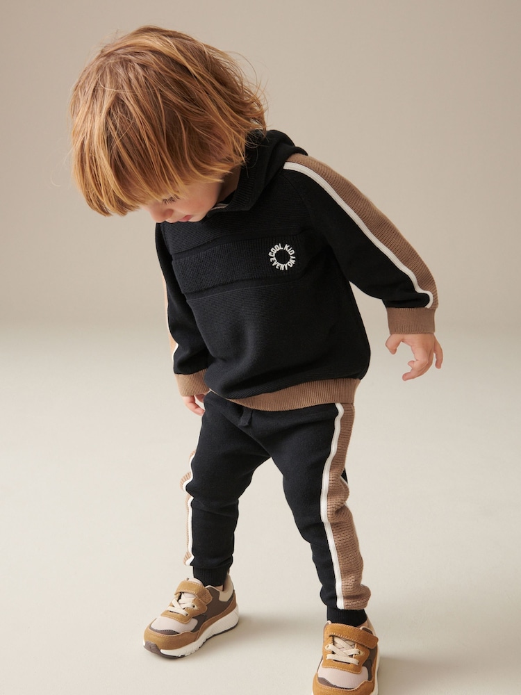 Black/Brown 100% Cotton Knitted Textured Hoodie and Joggers Set (3mths-7yrs) - Image 1 of 7
