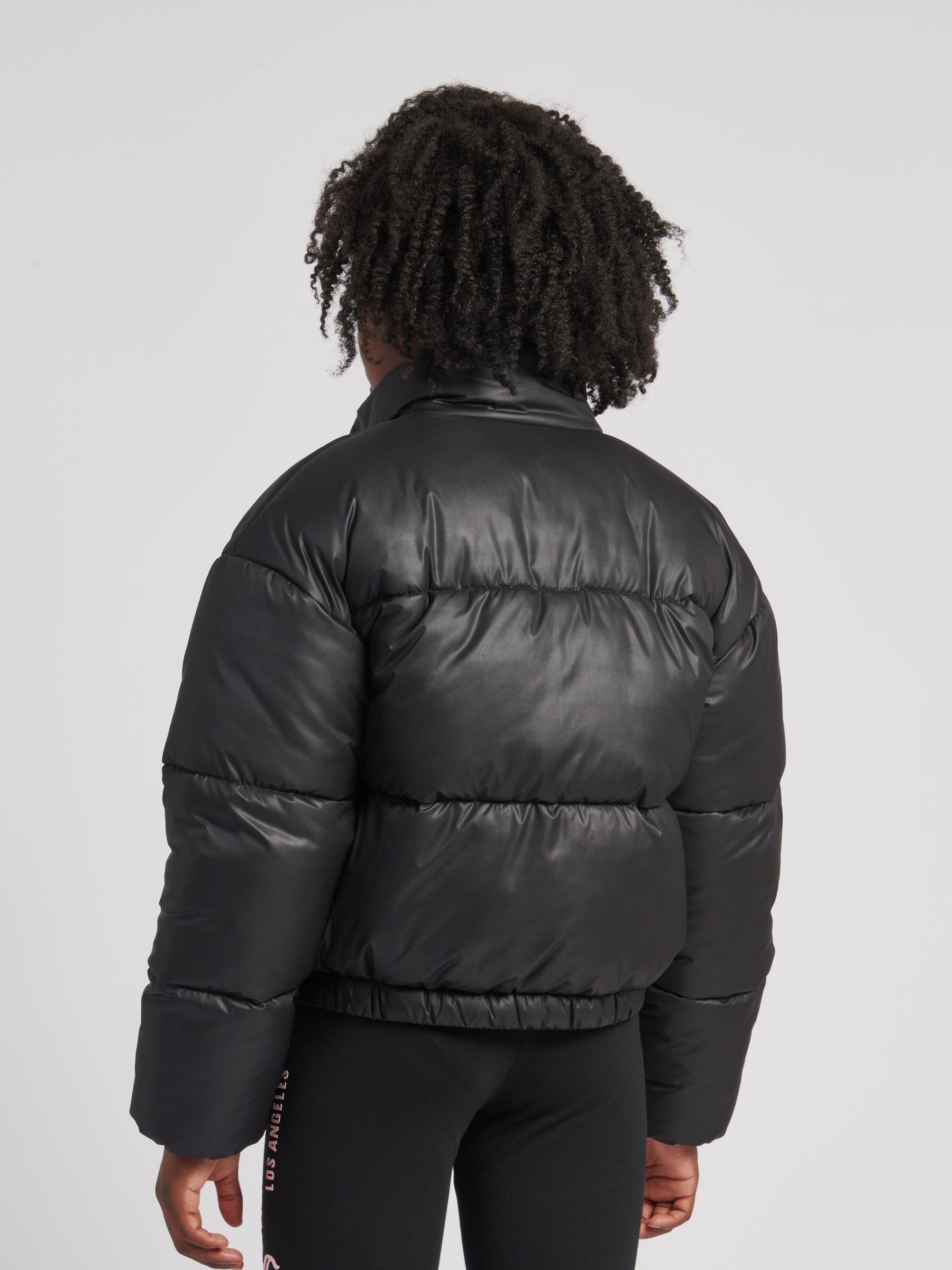 Black puffer jacket with funnel neck clearance
