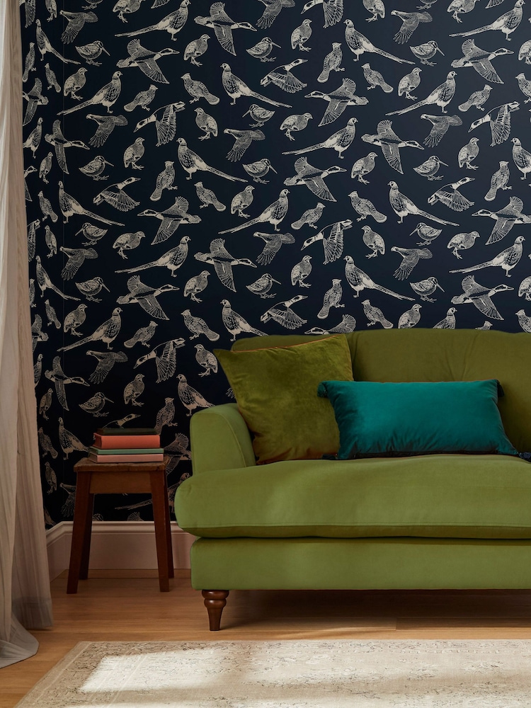 Joules French Navy Hunting Birds Wallpaper Sample Swatch - Image 1 of 3