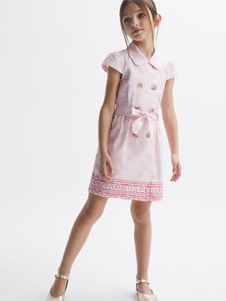 Reiss Pink Print Jacie 9-12 yrs Cap Sleeve Double Breasted Dress - Image 1 of 8