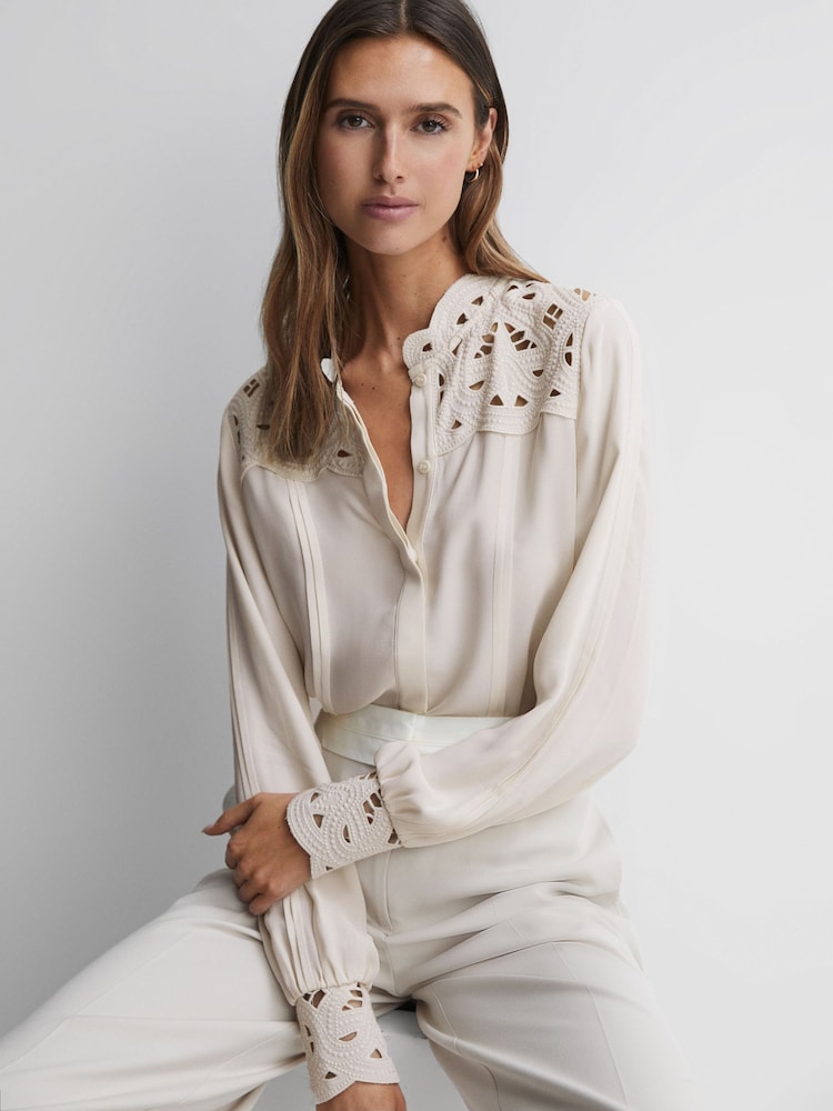 Reiss Ivory Celia Lace Cut-Out Blouse - Image 1 of 5