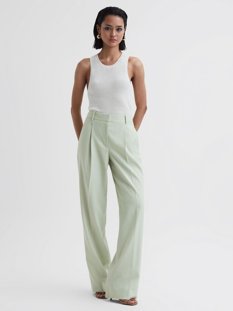 Reiss Green Naomi Wide Leg Wool Blend Trousers - Image 1 of 5