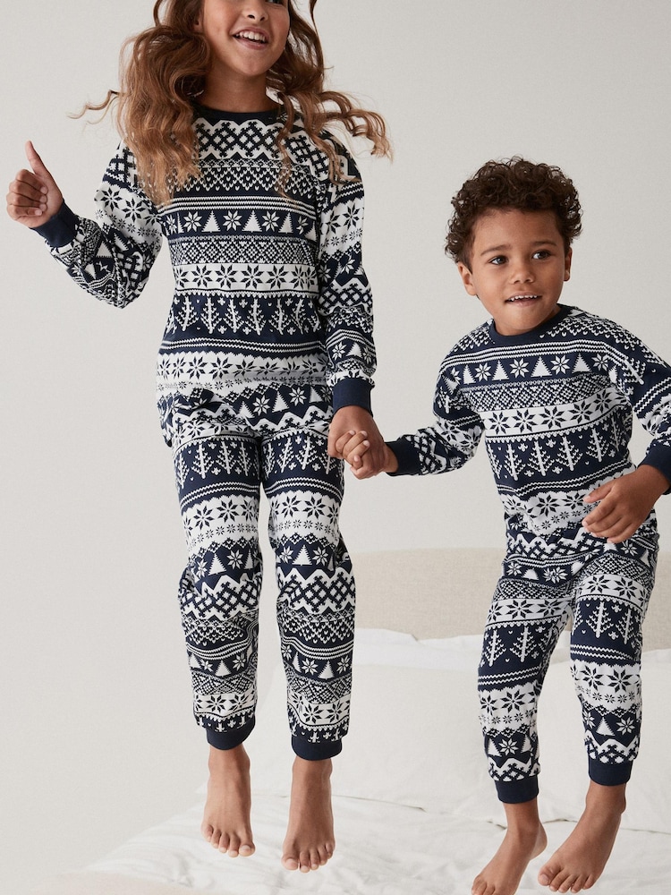 Bleu marine en jacquard - Pyjama de Noël en coton pour enfants de la famille (9 mois à 16 ans) - Image 1 de 6