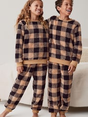 Neutral Check Matching Family Kids Cosy Fleece Pyjamas (3-16yrs) - Image 1 of 6