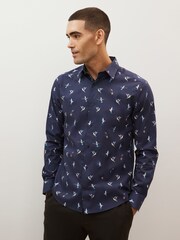 Navy Blue Hummingbird Regular Fit Printed Trimmed Shirt - Image 1 of 8