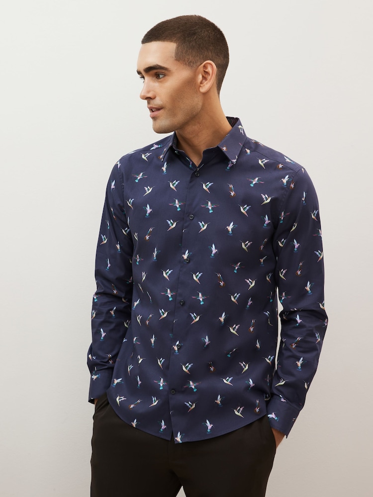 Navy Blue Hummingbird Regular Fit Printed Trimmed Shirt - Image 1 of 8