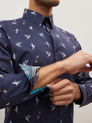 Navy Blue Hummingbird Regular Fit Printed Trimmed Shirt - Image 4 of 8