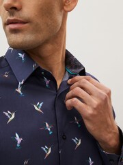 Navy Blue Hummingbird Regular Fit Printed Trimmed Shirt - Image 5 of 8