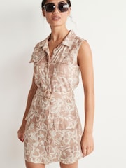 Brown Snake Print Linen Blend Sleeveless Utility Mini Dress - Image 1 of 2