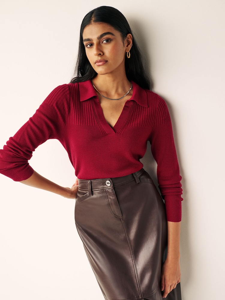 Rouge - Pull haut de gamme en mérinos à col polo - Image 1 de 7