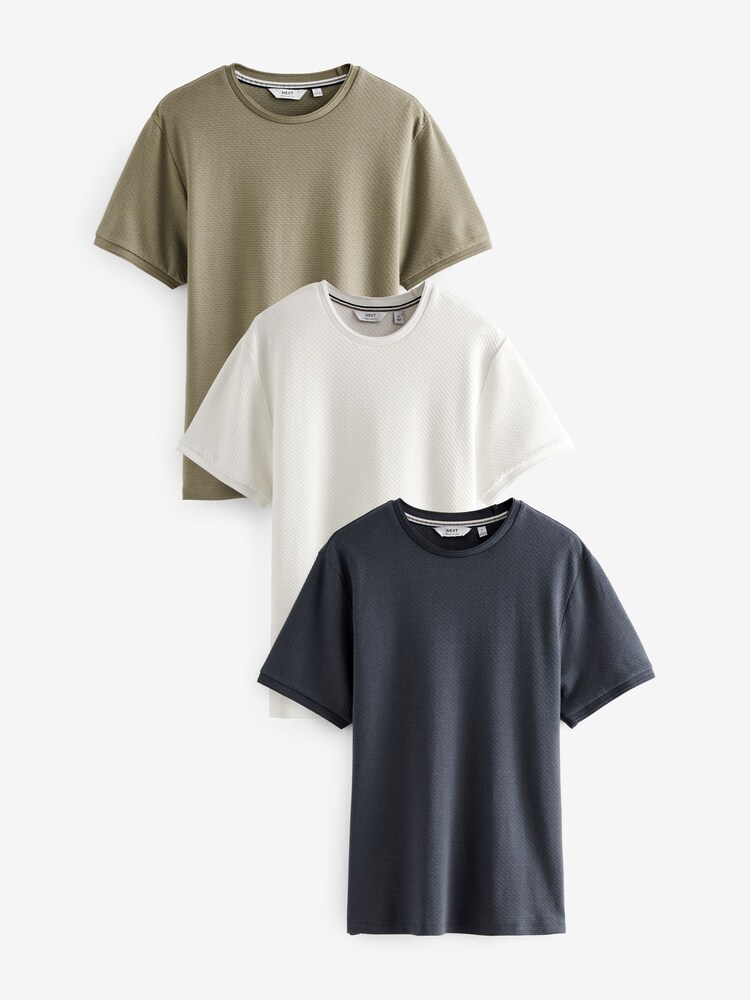 Navy Blue/Stone/Ecru Cream Textured T-Shirts 3 Pack - Image 1 of 9