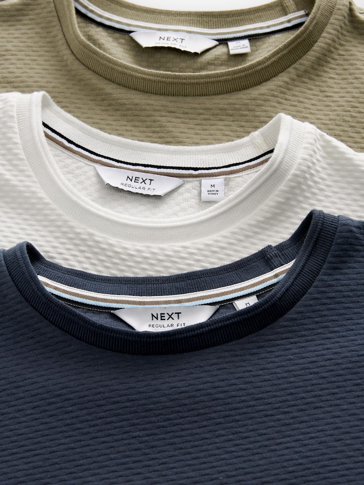 Navy Blue/Stone/Ecru Cream Textured T-Shirts 3 Pack - Image 2 of 9
