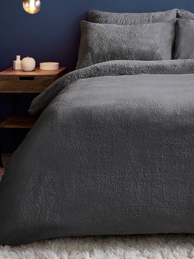 Silentnight Charcoal Grey Fleece Cosy Teddy Duvet Cover and Pillowcase Set - Image 1 of 7