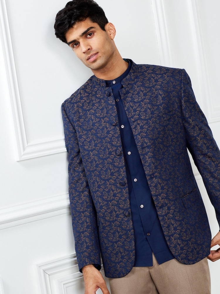 Blue Slim Nehru Collar Suit Jacket - Image 4 of 12