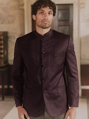 Burgundy Red Slim Nehru Collar Suit Jacket - Image 1 of 9